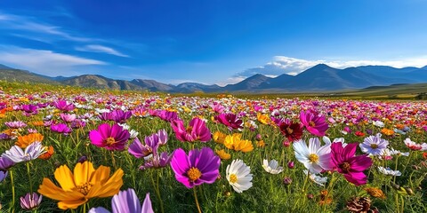 Obraz premium A vibrant flower field with pink, purple, yellow blooms stretching toward distant mountains under a clear blue sky.