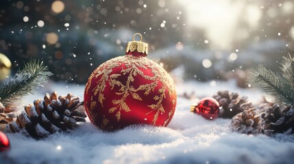 Red ornament on snowy surface with pine cones and blurred greenery