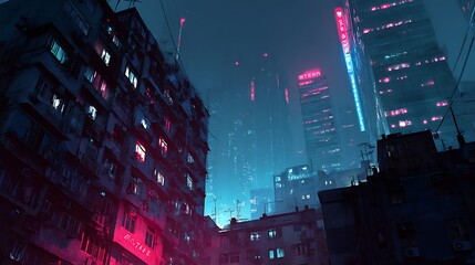 Empty cyberpunk city, digital painting of futuristic building, cityscape at night, metropolis, neon lighting, dystopic sad environement, digital painting, art wallpaper, technology, city skyline