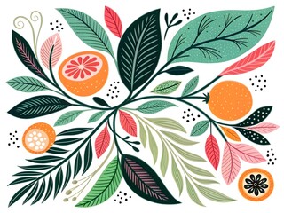 Botanical illustration of citrus fruit and leaves on a white background