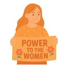 Smiling woman holding orange protest sign with Power to the Women text and floral details.