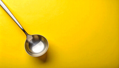 Serving soup with a stainless steel ladle on bright yellow background
