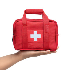 Title: Female Hand Holding Red First Aid Medical Kit Bag on Transparent Background

