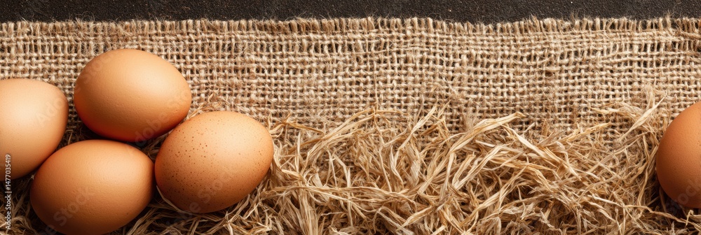 Leinwandbilder organic eggs on straw mat with clear space for additional items in a natural setting