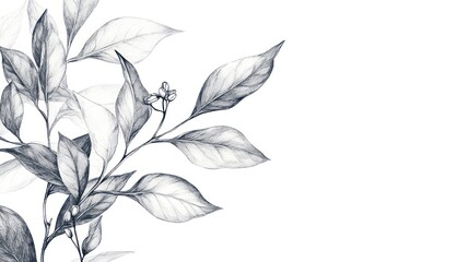 Graphite Pencil Sketch Depicting Botanical Leaves and Small Buds