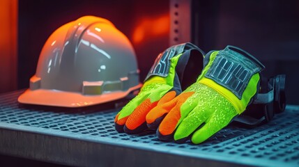A set of high-visibility work gloves designed for extreme grip, placed beside a rugged safety helmet on a steel shelf,