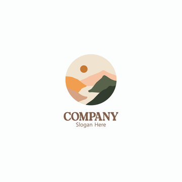 Elegant Mountain Landscape Logo Design for Company Branding featuring a sunset and river