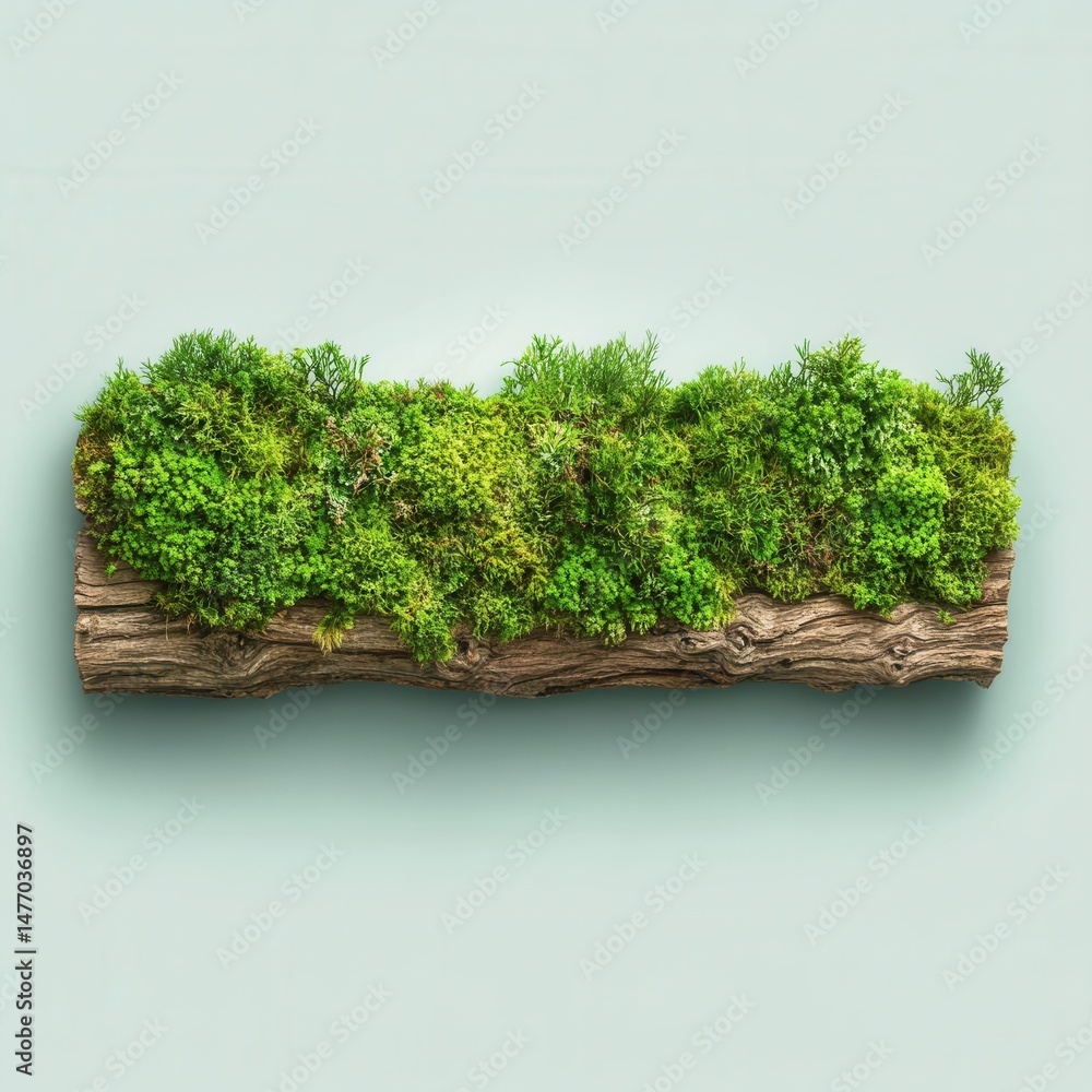 Poster moss and greenery growing on log viewed from above in studio setting on light blue background