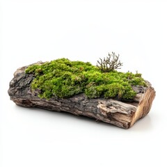 Mossy Log Still Life Close Up Isolated on White Background Nature Detail Natural Element Wood Texture