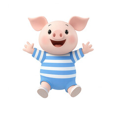 Obraz premium A cheerful cartoon pig character with big ears, wearing a striped blue outfit, smiling and waving joyfully against a white isolated background.