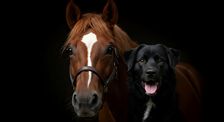 Fototapeta premium Unlikely Friends Horse and Dog Portrait Studio Photography Dark Background Animal Companionship