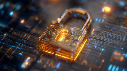 Glowing glass padlock on circuit board, representing digital security, data protection, and cybersecurity concepts