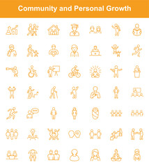 Community and Personal Growth Outline Icons Depicting Relationships, Support, and SelfImprovement Concepts