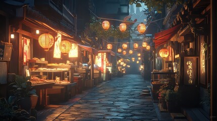 Obraz premium Night street illuminated with lanterns and lights