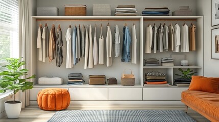 A well organized closet with clothes hanging and folded with an orange couch and ottoman in the room