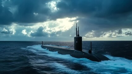 Massive nuclear submarine emerges through ocean surface, waves crashing against its dark hull under cloudy sky during naval drill - Powered by Adobe