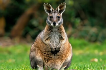 Fototapeta premium Swamp wallaby sitting in green grass, staring intently with large ears and brown fur