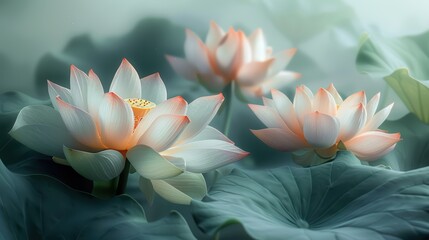 Soft pastel lotus blossom with layered petals and vibrant orange center, tranquil pond atmosphere.