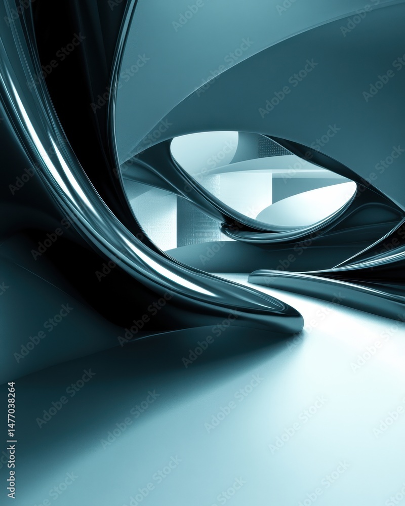 Poster abstract architecture interior view with smooth curves and metallic finish in teal and white tones