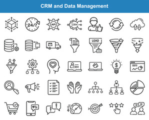 CRM and Data Management Outline Icons Collection Representing Sales, Analytics, and Business Strategies