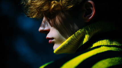 Fototapeta premium Side profile of a stylish young man in a turtleneck. Bold fashion, youth culture, self-expression.