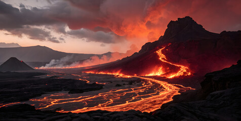 Fototapeta premium Erupting volcano lava flow iceland pixel art landscape natural disaster aerial view fiery colors