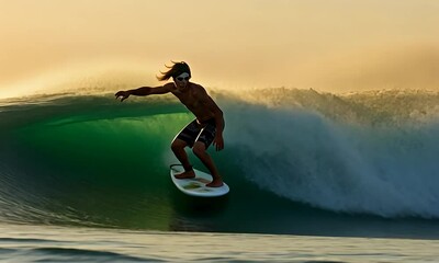 Surfer rides a large wave