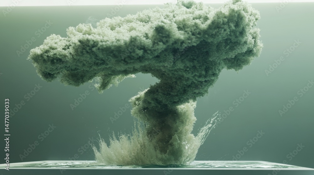 Poster abstract mushroom cloud rising from water surface in studio shot with green background and splash ef
