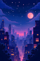 Fototapeta premium Pixel art cityscape night scene urban landscape illustration vibrant colors digital art atmospheric viewpoint