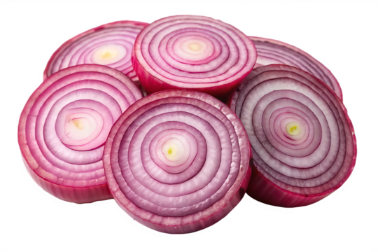 Red onion long slices isolated on white background