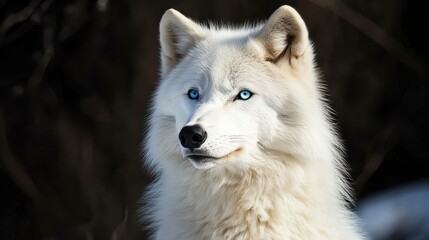 Fototapeta premium Majestic arctic wolf with piercing blue eyes, posing against a dark background.