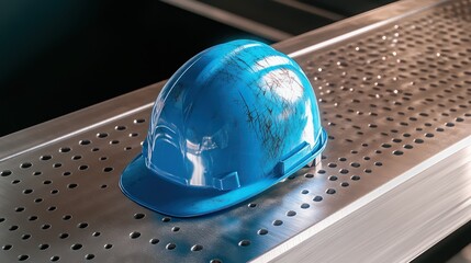 A single blue safety helmet placed on a metallic workbench, ultra-detailed scratches and wear marks, realistic shadows creating depth