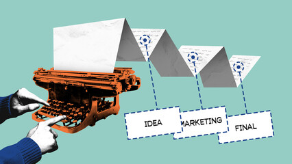 Contemporary art collage. Hands on typewriter with folded paper stages IDEA MARKETING FINAL...