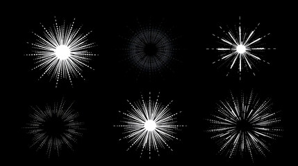 Fototapeta premium Halftone burst element set. Pop art dotted explosion blast collection. Black light star glow with grunge texture effect. Abstract retro shine star flare for banner poster. Vector pixelated splash pack