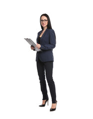 Fototapeta premium Full-length portrait of professional psychologist with clipboard on white background