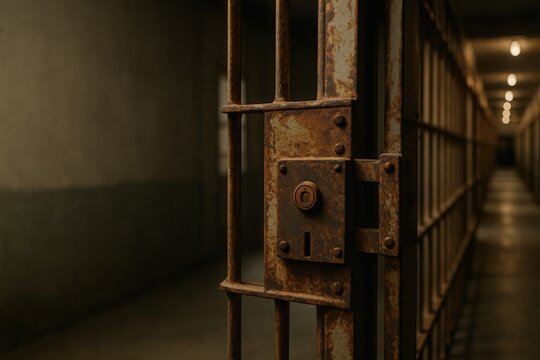Rusty prison cell door ajar in dimly lit corridor of abandoned jail
