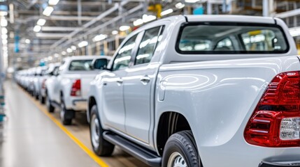New white pickup trucks on assembly line in a factory, brand new pickup trucks in a row in factory.