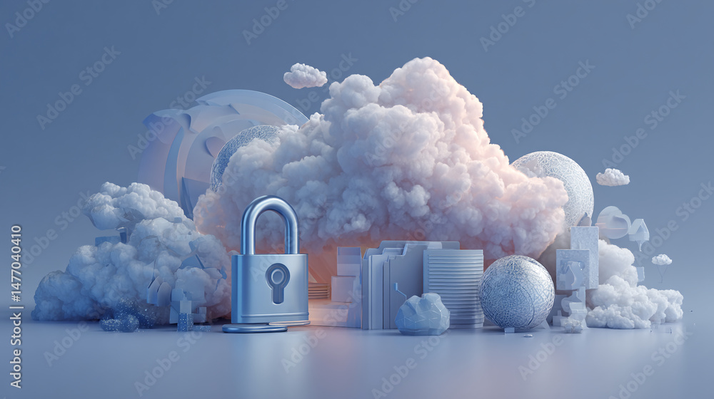 Poster abstract 3d render of padlock among cloud-like forms and geometric shapes, symbolizing data security
