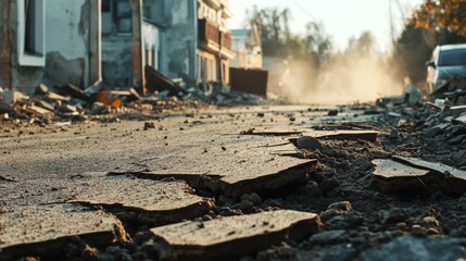 A close-up of a cracked foundation in a residential area after an earthquake, with dust and debris filling the air