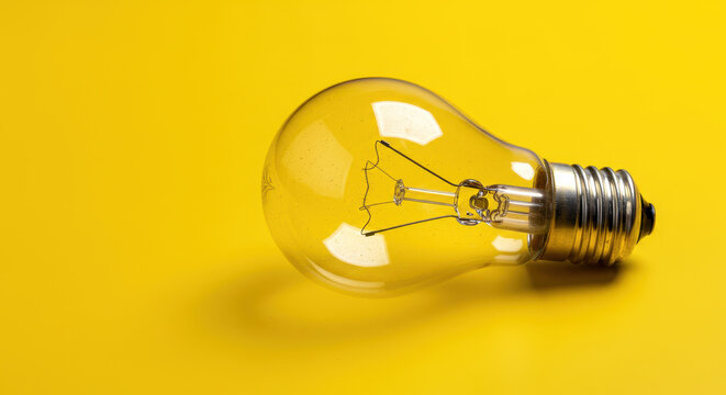 Bright idea concept with a single light bulb on vibrant yellow background