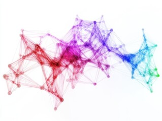 Abstract network connecting nodes with colorful lines on white background, overhead view, concept of connection