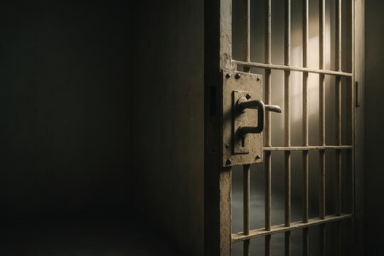Open prison cell door with light streaming through bars in dark room
