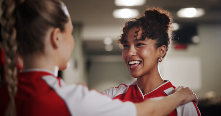 Happy women, soccer players and teamwork in locker room for conversation, social or chat. Female people, friends or members with smile for sports challenge, match or getting ready for game together