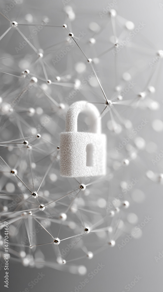 Poster white textured padlock within a silver network structure, symbolizing data security and network prot