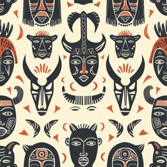 seamless pattern of African tribal masks and animal motifs, earth tone color scheme, bold graphic style