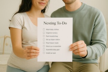 Expectant couple holding nesting to do list for baby preparation in cozy home setting