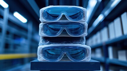 A stack of brand-new safety goggles still in their protective cases, placed neatly on an industrial shelf, sharp details and