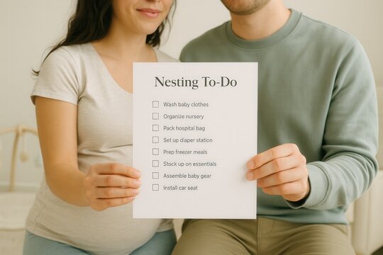Expectant couple holding nesting to do list for baby preparation in cozy home setting - Powered by Adobe