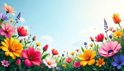 Vibrant border of colorful flowers in full bloom , floral border, flower petals, bloom