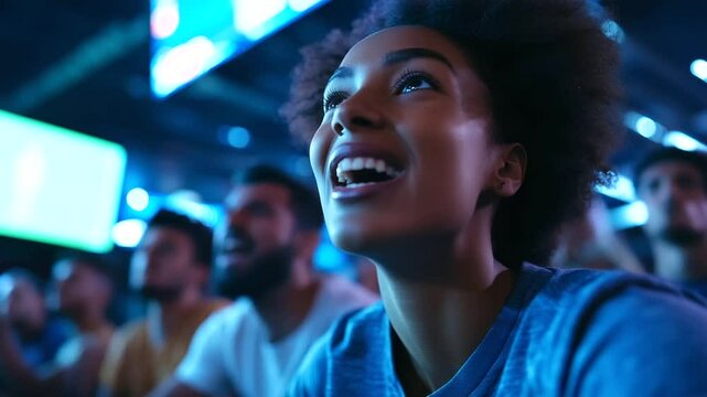 Close-up of friends' reactions in a sports bar, smiles and excitement as a football match reaches a dramatic moment, the energy of the crowd adds to the vibe